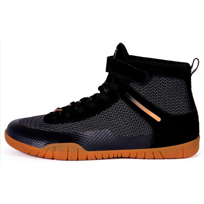 Черевики для боротьби, боксерські, фітнес, важкої атлетики та пауерліфтингу з плоскою підошвою (42 EU, широкі, чорний та золотий)