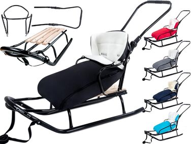 Металевий санний Oslo з підніжкою, ременями безпеки, ручкою для штовхання та мішком для ніг. Ідеальний для дітей та дорослих. Максимальне навантаження: 120 кг (чорний)