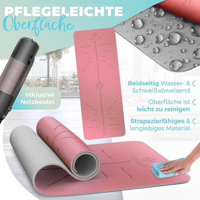 Килимок для гімнастики KESSER® з ручкою для перенесення, TPE, неслизький, фітнес, 183 x 61 см, для фітнесу, спорту, пілатесу та гімнастики, рожевий