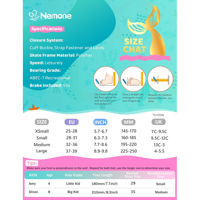 Інлайнери NEMONE для дівчаток, 4 розміри, регульовані, блакитний/фіолетовий, для дітей, 37-39 EU