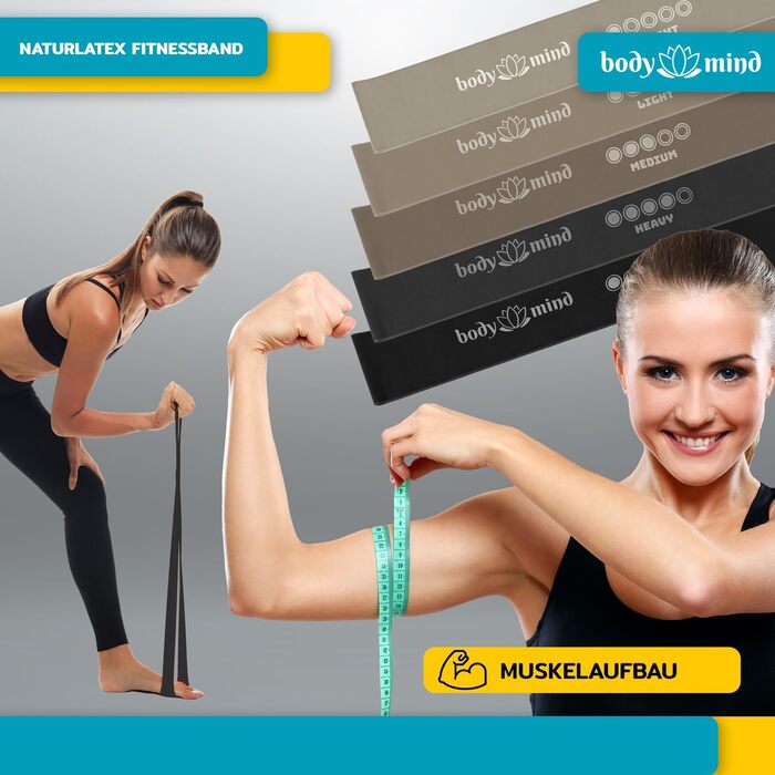 Набір еластичних стрічок для фітнесу Body & Mind® 5 шт. з різним опором, стрічки для тренувань, йоги, пілатесу та фітнесу; спортивні стрічки 100% латекс сірого кольору