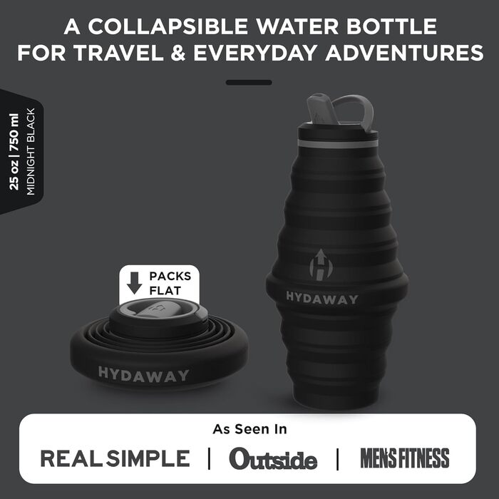 Складна пляшка для води HYDAWAY 750 мл, силіконова, з носиком, ультракомпактна, для подорожей, Midnight
