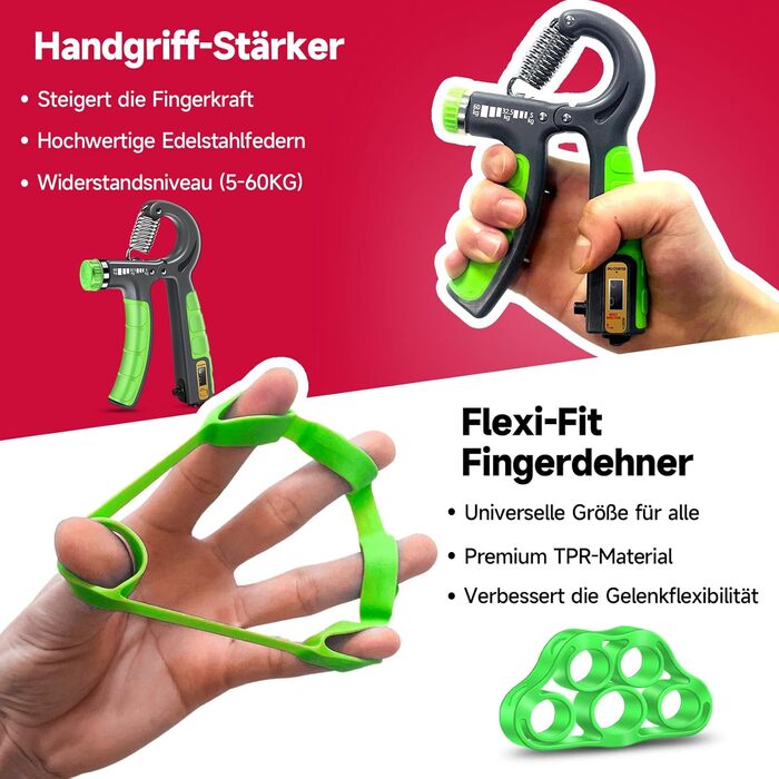 FitBeast Набір для тренування рук (5 шт.): підручники для підручників, розтискачі пальців, м'яч для хватання та м'яч для зняття стресу для спортсменів (світло-зелений)