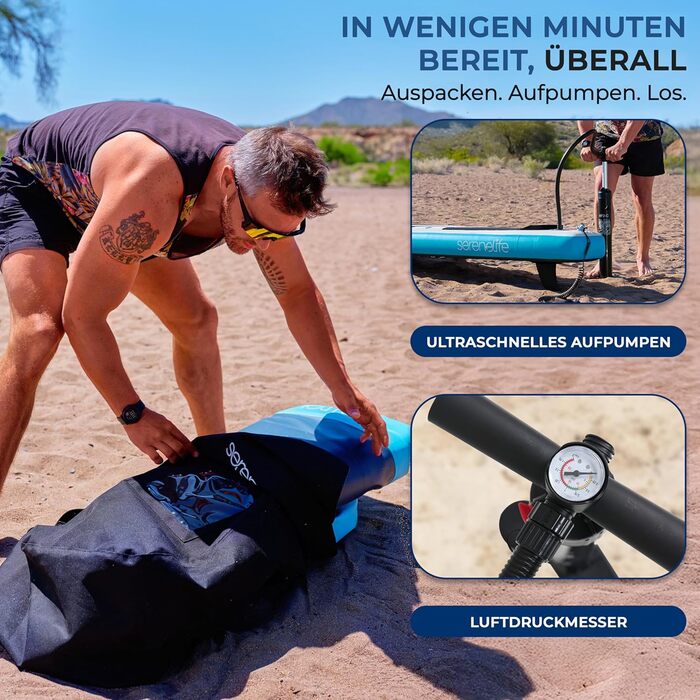 SUP дошка SereneLife надувна з вікном та тримачем для GoPro, 305 x 81 см. Комплект для Stand Up Paddling. Стабільна, нековзка, для підлітків та дорослих
