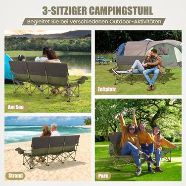 Крісло для кемпінгу Costway на 3 особи, розкладне, з м'яким сидінням, підстаканником та регульованими підлокітниками, вантажопідйомність 450 кг, для риболовлі та відпочинку на природі (зелене)