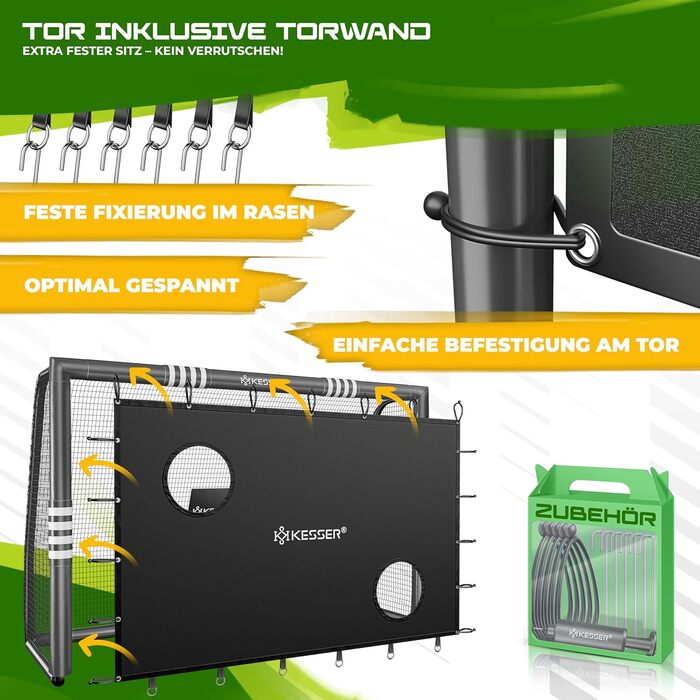 Ворота для футболу KESSER® для саду: міцні, для тренувань, з UV-стійким сітком, сталевий каркас з м'якою обшивкою, земляні кілки, насос, конуси, аксесуари для монтажу (300 см, з торговою панеллю, антрацит)