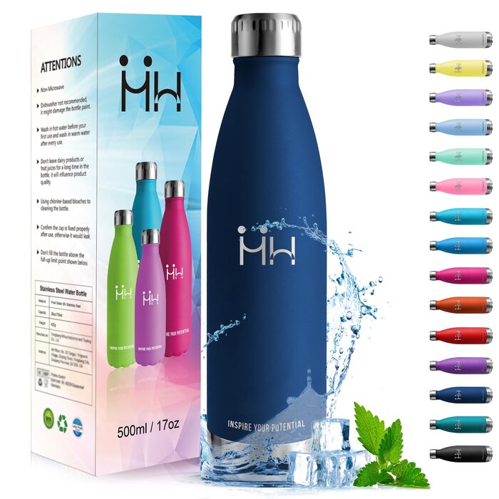 Термобутилка для води HoneyHolly з нержавіючої сталі 500 мл, двостінна пляшка для дітей, спорту та фітнесу, BPA-free, темно-синя