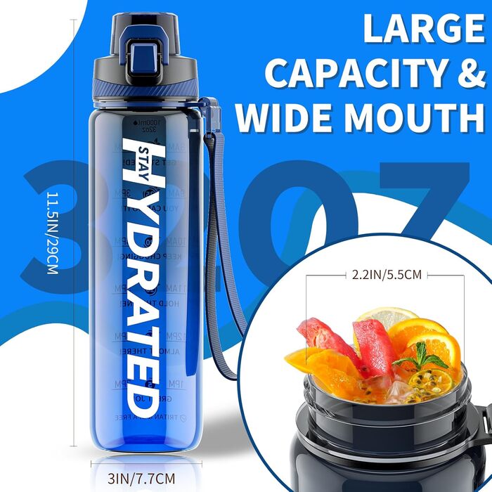 Спортивна пляшка для води 1л Tritan без BPA з маркуванням часу, 1000 мл, чорно-синя