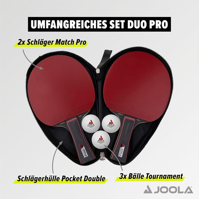 Набір для настільного тенісу JOOLA Duo PRO: 2 ракетки, 3 м'ячі, чохол, червоний/чорний, 6 предметів