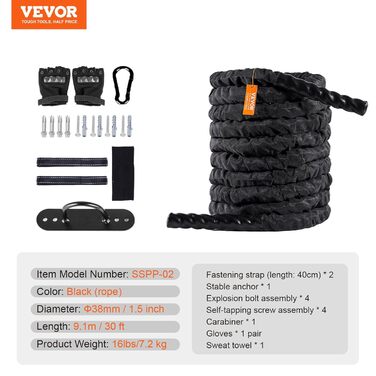 Тренувальне канат VEVOR Battle Rope - 9.1 м, поліестер, з захисною оболонкою та анкером. Для фітнесу вдома, тренування корпусу та пресу
