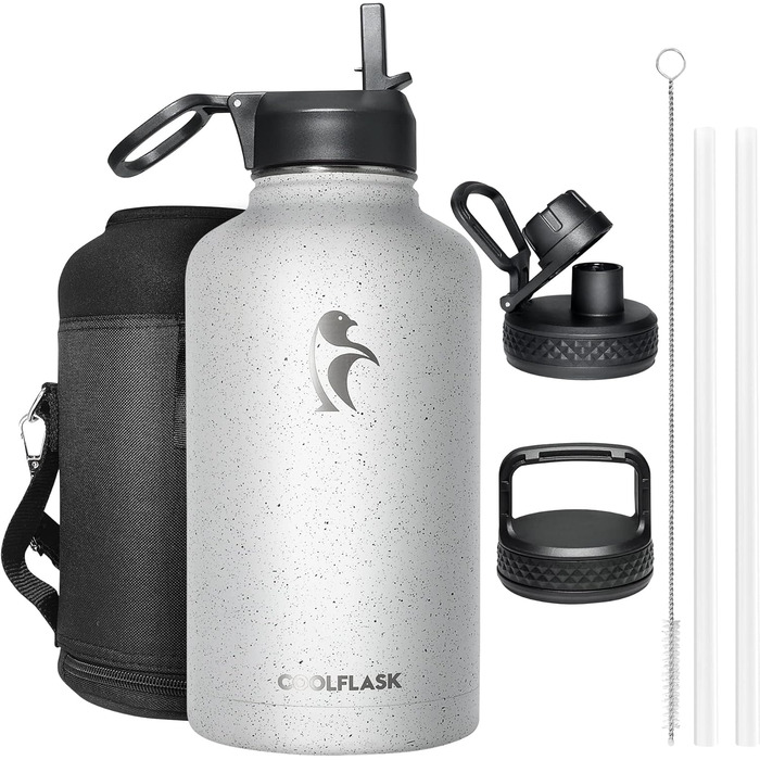 Термос пляшка Coolflask 2 л із нержавіючої сталі з трубочкою та 3 кришками, вакуумна ізоляція, спортивна пляшка для води, біла Starry White, 2000 мл, для спорту та подорожей