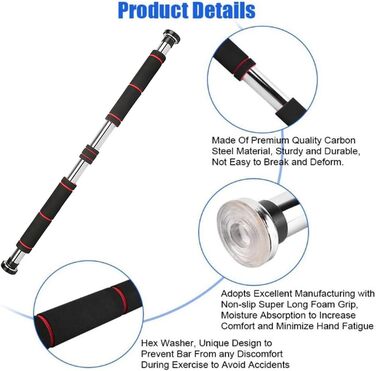 Турнік для дверей Klimmzugstange | Регульована висота 80-130 см | Макс. вантажопідйомність 150 кг | Чорний та червоний | Для силових тренувань