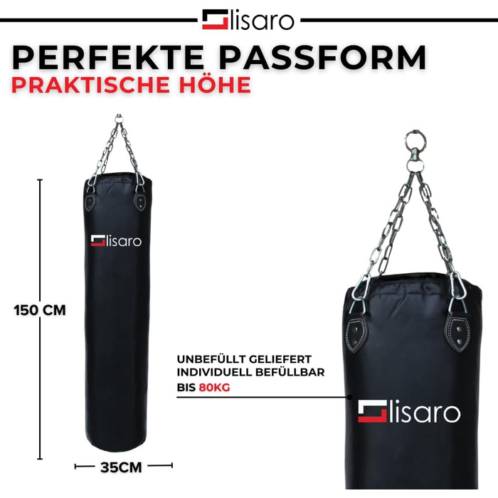 Боксерський мішок Lisaro Profi Boxsack 150x35 см для боксу, кікбоксингу та MMA, штучна шкіра (вініл), чорний, без наповнювача, зі сталевим ланцюгом