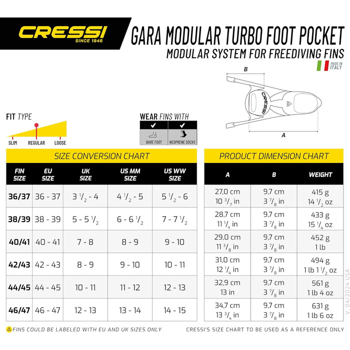 Ласти CRESSI Gara Turbo Flex - унісекс, для дайвінгу, фрідайвінгу, снорклінгу та підводного полювання. Модульна система з змінними лопатями.