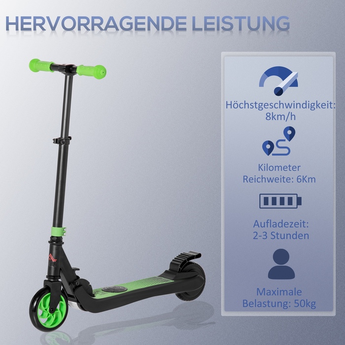 HOMCOM E-Scooter Електричний скутер 120 Вт Двигун 6 км Радіус дії Максимальна 8 км/год Електричний скутер Навантаження до 50 кг, E Скутер від 6 років і старше Зелений+Білий | Аосом