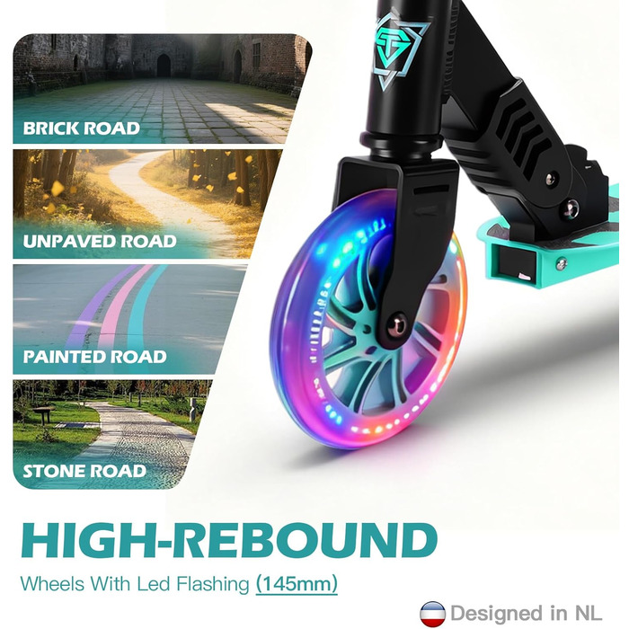 Самокат дитячий SUOTU з колесами 145 мм, до 100 кг, світлодіоди, складаний, регульована висота, для хлопчиків та дівчаток, алюмінієвий (Чорно-синій)