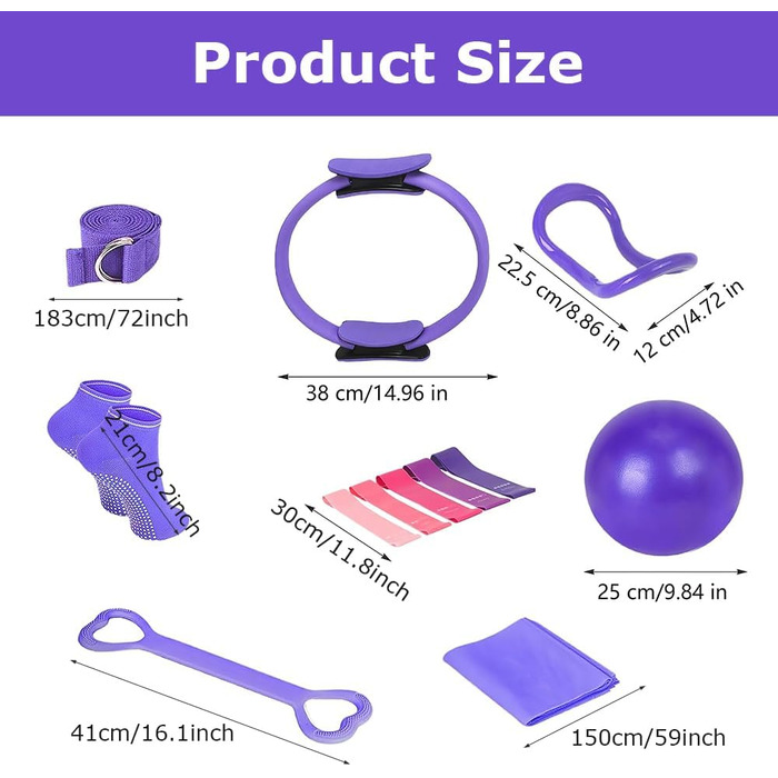 Набір для пілатесу та йоги, 13 предметів: кільце, м'яч, ремінь, кільце-еспандер, ремінь-помічник, набір для пілатесу, фіолетовий