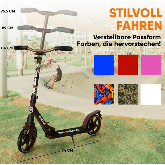 Міський ролер Hurtle Roller Kinder 10 років – складаний та регульований за висотою (84–98 см), самокат для дітей та дорослих з підставкою, з ремінком, до 100 кг (Royalbaum)