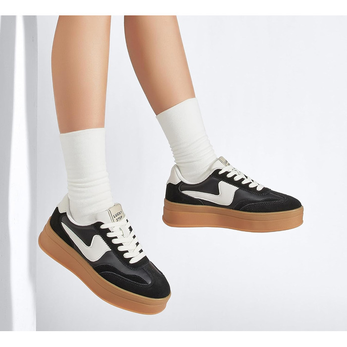 Жіночі кросівки на платформі LUCKY STEP – модні масивні кросівки, зручні шнурівки для повсякденного носіння та прогулянок з прошитими деталями, чорно-білі, 38 EU