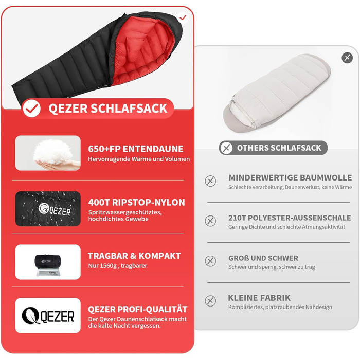 Сплячий мішок для дорослих та дітей, зимовий легкий, Outdoor 8°C ~ -30°C для кемпінгу та альпінізму, 650 FP гусячий пух, чорний, 1000г