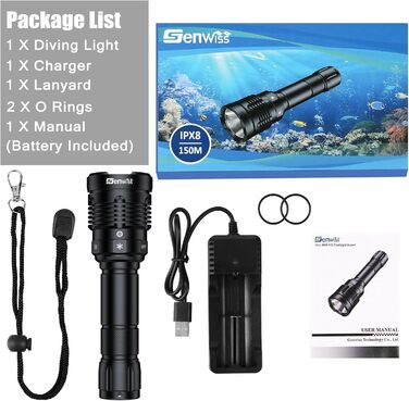 Підводний ліхтар Genwiss GN-T45: 2000 люмен, 150 м, 5 режимів, індикатор заряду батареї. Професійний для дайвінгу та освітлення