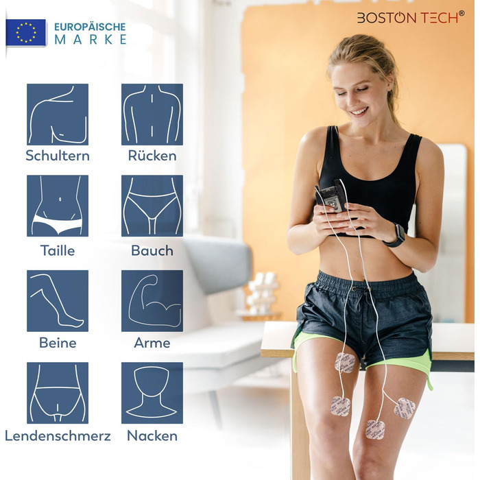 Пристрій TENS Boston Tech ME89 PRO: терапія болю, EMS, 7 режимів, стимуляція м'язів, 4 електроди, 9V батарея, захист від падінь, кейс