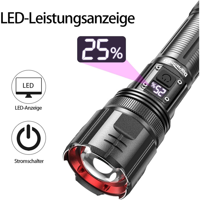 Тактичний ліхтарик DapoHomeu LED, 500000 люмен, перезаряджається, тактичний, з функцією зуму, водонепроникний, 5 режимів освітлення для кемпінгу, туризму та надзвичайних ситуацій