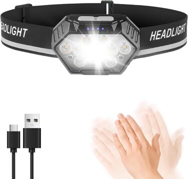 LED налобний ліхтар налобний ліхтар, перезаряжається, 9 LED, 1500mAh, кут нахилу 45°, 4 режими світла з датчиком руху, червоне світло, водонепроникний IPX4, для бігу вночі, піших прогулянок, кемпінгу, риболовлі, чорний