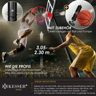 Баскетбольний кошик KESSER Premium з роликами, стійкою та аксесуарами, регульована висота 230-305 см, для дорослих і дітей, для вулиці, білий