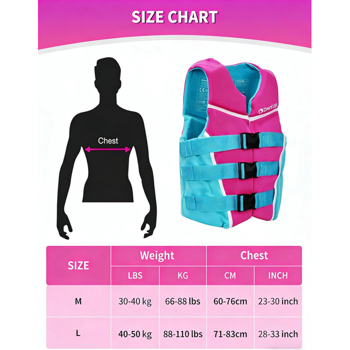 Owntop Плавальна жилетка для дітей та підлітків, регульована, з трьохточковим ременем безпеки, легка, для каякінгу, плавання, риболовлі, снорклінгу (Рожева, M)