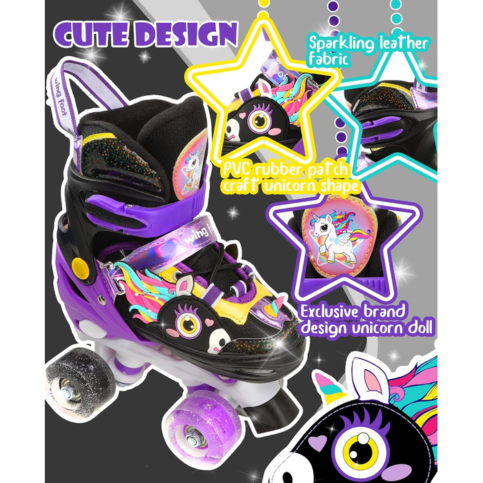 Дитячі ролики Єдиноріг для дівчаток та хлопчиків, регульовані розміри, світлові колеса, ролики-квади для початківців, чорні