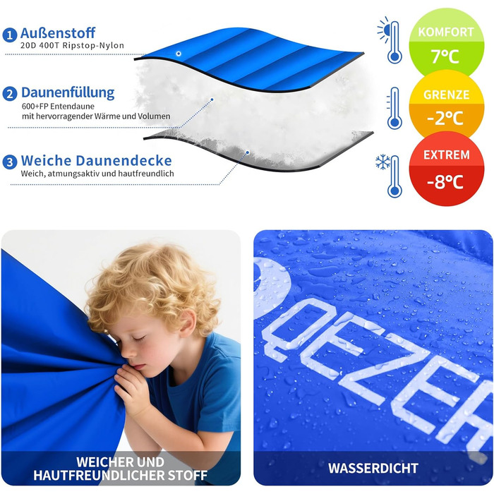 Спальний мішок пуховий Daunenschlafsack зимовий 0°C до -23°C для дорослих та дітей, 4 сезони, синій сапфір, 800 г пуху, комфортна температура 7°C