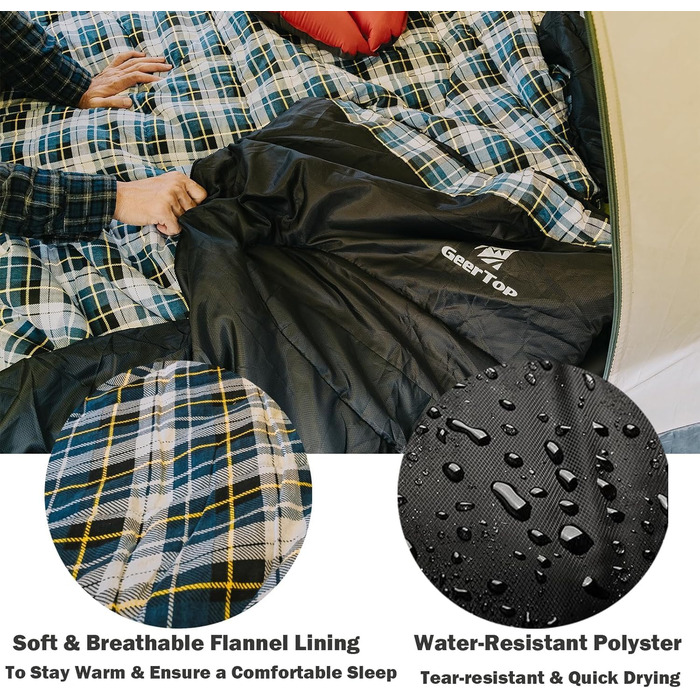 Сплячий мішок GEERTOP XXL 4 сезони, фланелевий, 220x100 см, для дорослих, кемпінг, подорожі, туризм, чорний у синьому клітинку