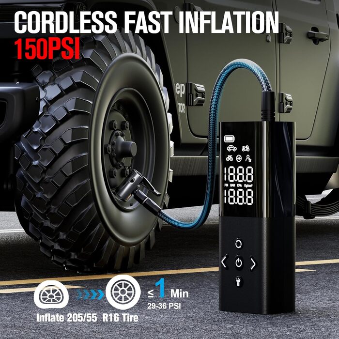 GOOLOO AP150 Електричний міні-компресор для авто, 150 PSI, цифровий дисплей, акумуляторний насос для шин, мотоцикла, велосипеда, м'ячів