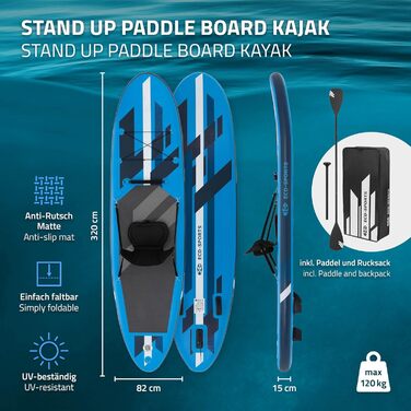 Надувна SUP-дошка ECD Germany з каяк-сидінням, 320x82x15 см, чорна/блакитна/бірюзова/сіро-оранжева, PVC, алюмінієве весло, повний комплект аксесуарів для серфінгу та веслування