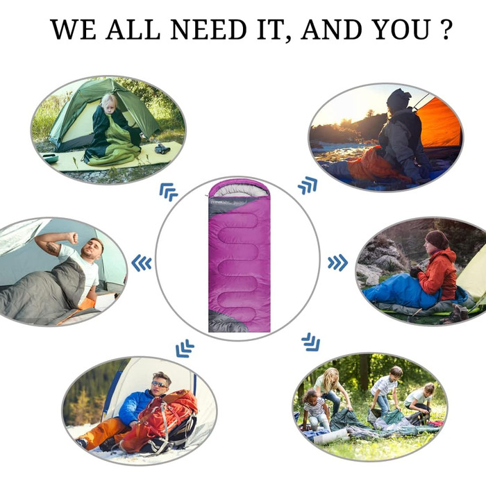 Спальний мішок 3-4 сезони для дорослих та дітей - легкий, водонепроникний, для кемпінгу та подорожей (86.61''x31.49'', фіолетово-сірий)