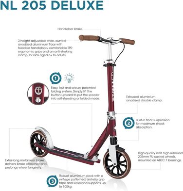 Самокат GLOBBER NL 205 Deluxe, 205 мм, ABEC 7, ручне гальмо, регульований, амортизація, складаний, чорний