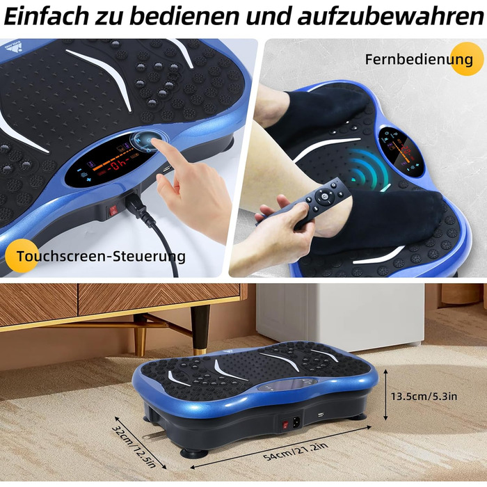 Вібраційна платформа EVOLAND з 5 програмами тренувань, Bluetooth, стрічки опору для всього тіла (Синій)