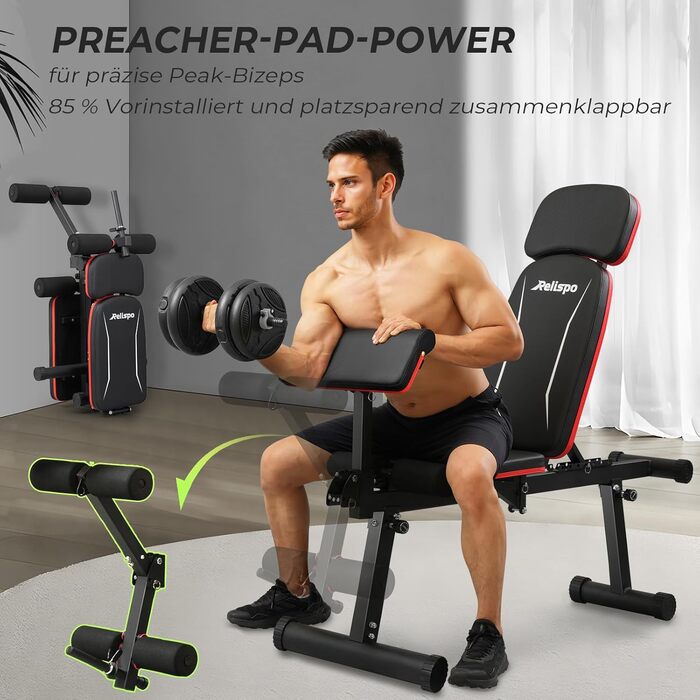 Регульована лавка для тренувань з гантелями, 9 положень спинки, складана, вантажопідйомність 550 кг, для силових тренувань всього тіла, великі чоловіки