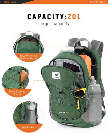 SKYSPER 20L складаний рюкзак для туризму, ультралегкий рюкзак для подорожей, денний рюкзак для походів, кемпінгу, зелений