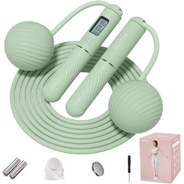 Бездротове скакалка YOTTOY з лічильником – 2-в-1 бездротова скакалка з обтяженим м'ячем, LCD-дисплеєм, без спутанню, для кардіо та кросфіту, зелена