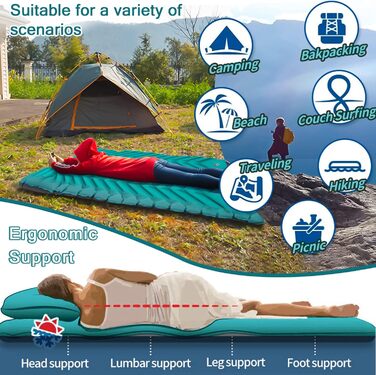 MULEVIP Килимок для кемпінгу з самонадувною подушкою, самонадувний килимок для кемпінгу з помпою для ніг, потовщений, водонепроникний, складаний, для піших прогулянок, подорожей, кемпінгу та пляжу