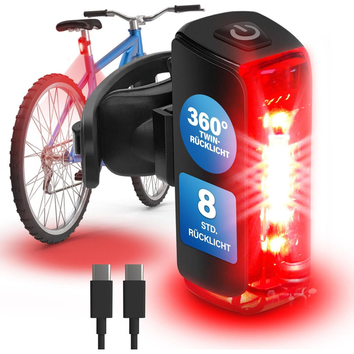 Фаришру LED акумуляторний задній ліхтар для велосипеда, велосипедна підсвітка, перезаряджається, захист IPX4, чорний, акумуляторний задній ліхтар TWIN (акумуляторний задній ліхтар TWIN 2.0)