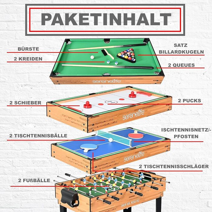 СеренЛайф 4-в-1/5-в-1 Багатофункціональний стіл – більярдний, тенісний, кікер, хокей, шафлборд та боулінг – ігровий стіл для дітей та дорослих, 4-в-1, кікер-версія