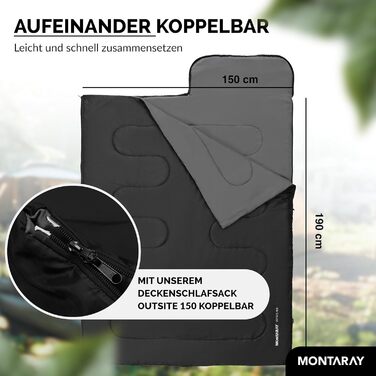 Спальний мішок для кемпінгу з капюшоном до -3°C з подушкою - теплий зимовий та літній спальник 3-4 сезони (75 x 220 см) - туристичний спальник для жінок та чоловіків (чорний, 280GSM)