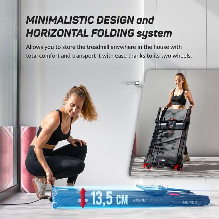 FITFIU MC-100 Складне бігове полотно: 2 нахили, Bluetooth, 12 програм, KINOMAP, до 120 кг, для дому/офісу