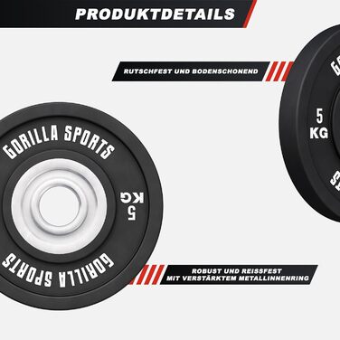 Бамперні диски GORILLA SPORTS 50 мм, 5-25 кг, гумовані, чавун, для штанги, олімпійські гирі