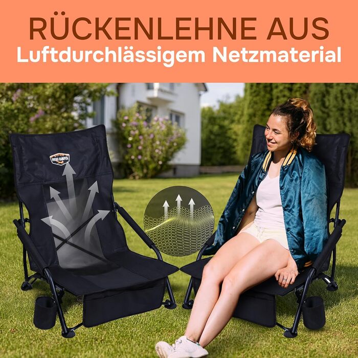 Крісло для кемпінгу Fuchs Camper Strandstuhl – розкладне, з високою спинкою та сіткою, з підстаканником та кишенею, чорне, вантажопідйомність 150 кг