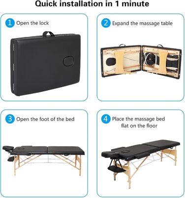 Мовбільна масажна кушетка Mondeer з 2 зонами, регульована по висоті, складана з дерева, для салону краси, з підголовником та підлокітниками, чорна