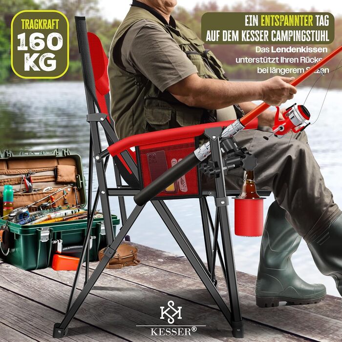 Кресlo для кемпінгу KESSER® - складне, 160 кг, з підлокітниками, кишенею для напоїв та сумкою | Стілець для риболовлі, пляжу, відпочинку